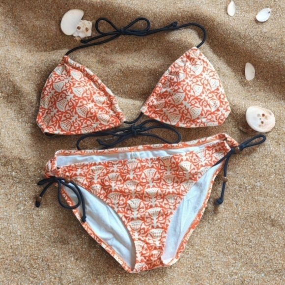 American Eagle Outfitters Orange & Cream String Bikini w Black Beaded Ties L/XL - Picture 11 of 11